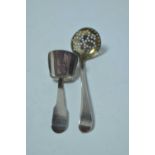 George III silver caddy and dredging spoons
