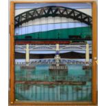 A large glass collage depicting Newcastle Bridge and the rail line