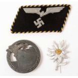 WWII Kriegsmarine Blockade Runners badge and a cap badge and a collar badge