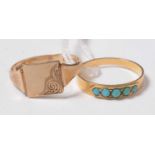 An antique turquoise and yellow metal dress ring, and a 9ct gold signet ring.