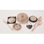 Small silver items, including powder compacts, a 1930s dressing table jar, and an Armada dish.