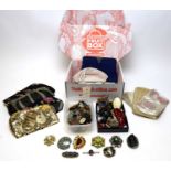A collection of vintage costume jewellery brooches and beaded evening bags.
