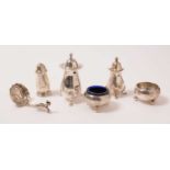 Various silver salts and pepperettes, and a Dutch caddy spoon.