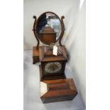Edwardian inlaid swing toilet mirror, a tea caddy and a clock