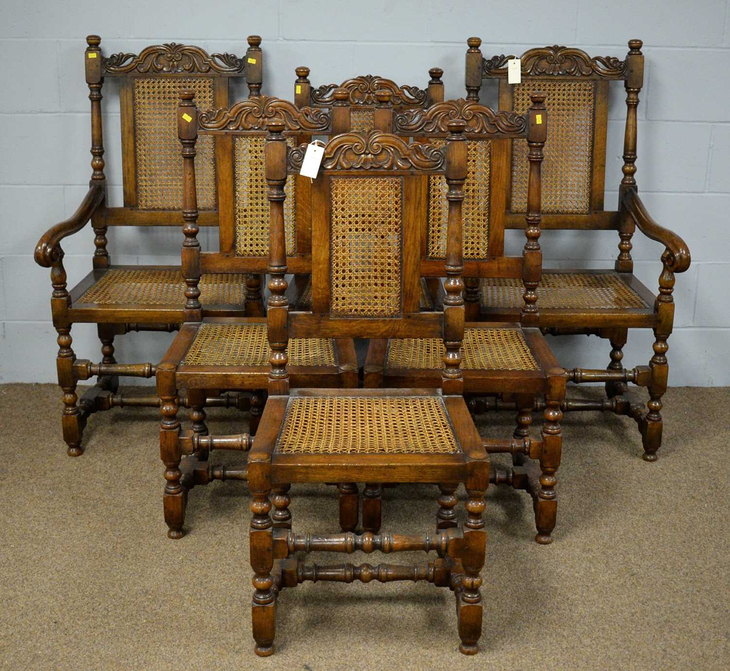 A set of six Siesta oak 17th Century style dining chairs.