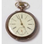 An antique French white-metal cased and open faced pocket watch.