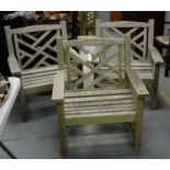 20th C set of three teak garden chairs, and a coffee table, all by Lister.