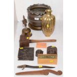 A selection of Eastern and African brass and wooden items.