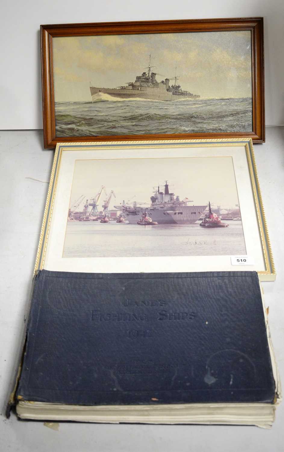 Two Naval prints and a book of fighting ships