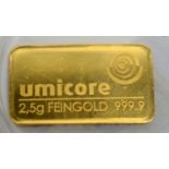 A Umicore 2.5g fine gold ingot