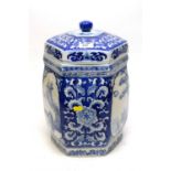 Chinese blue and white hexagonal lidded jar.