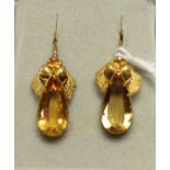 A pair of Victorian yellow metal and citrine earrings,