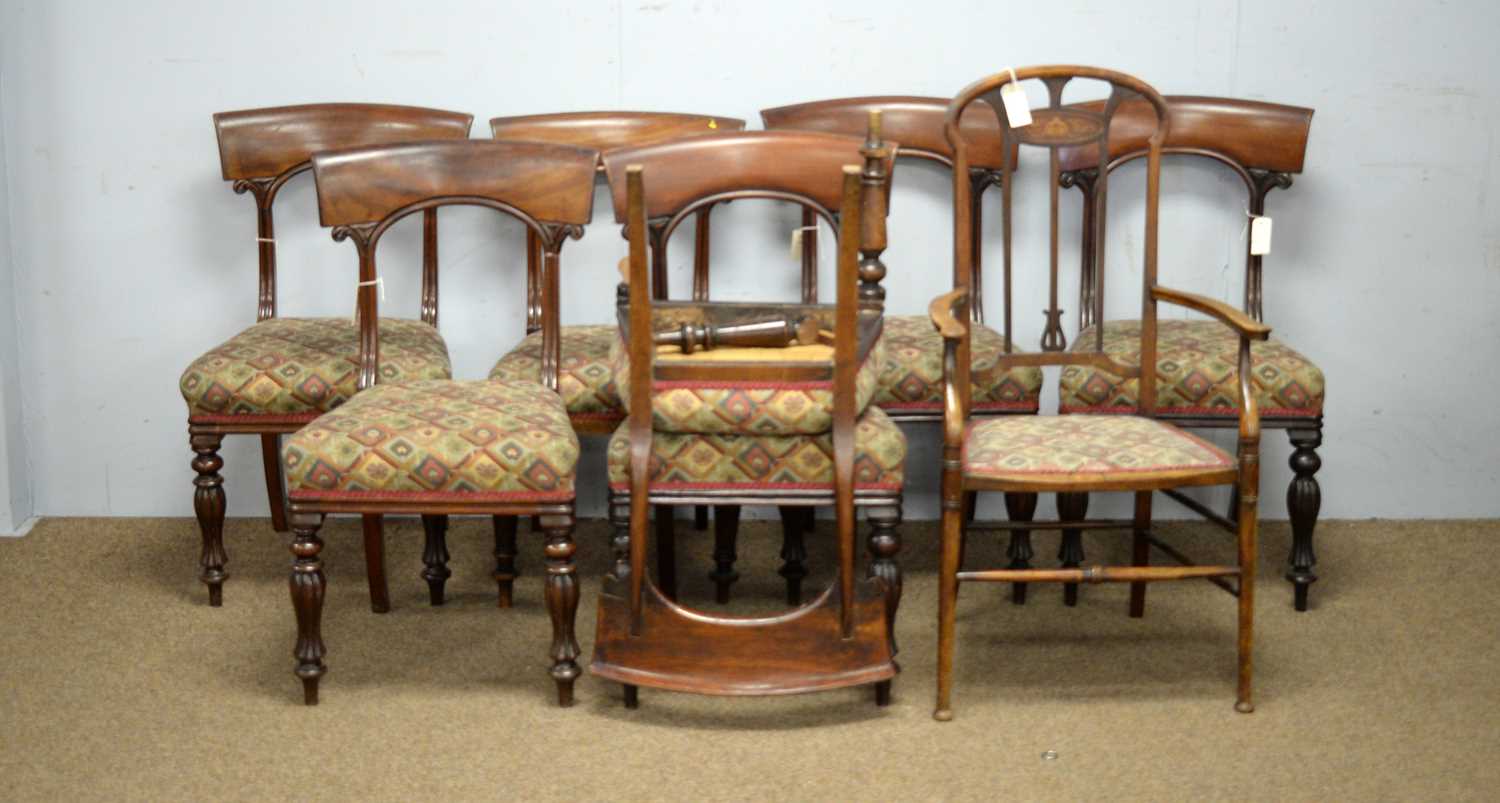 Harlequin set Seven Victorian dining chairs; another similar; and an Edwardian elbow chair.