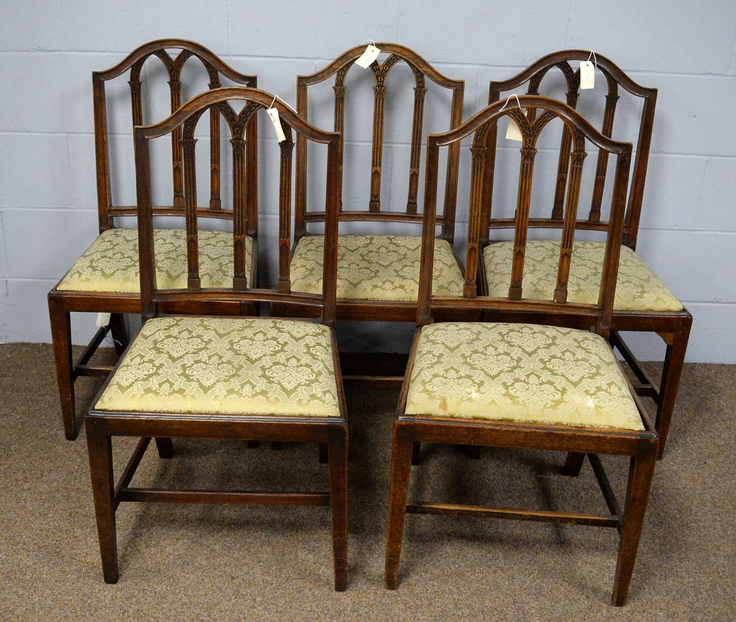 A set of five 19th Century mahogany dining chairs and a late Victorian walnut slipper chair, upholst