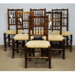 19th C Harlequin set of six spindle back and rush seat dining chairs.