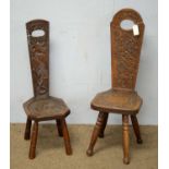 Two carved oak spinning chairs of typical design.