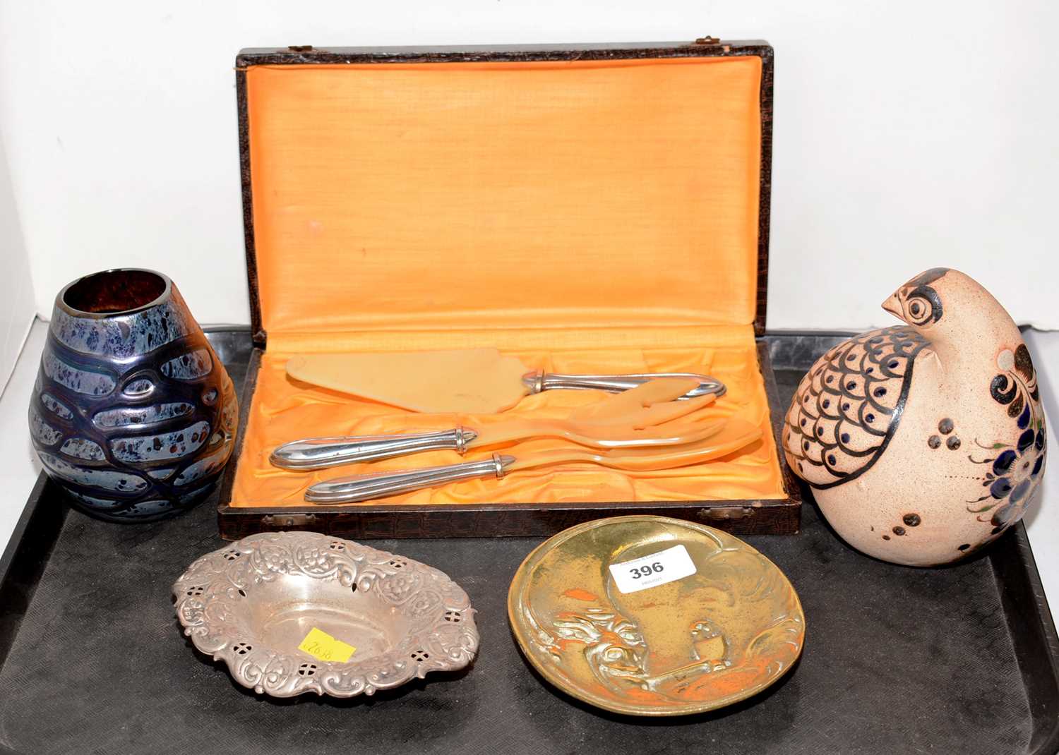 Selection of decorative items including a silver dish