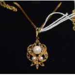 A cultured pearl, seed pearl and sapphire drop pendant,