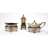 An Edwardian three-piece silver condiment set