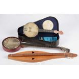 John Grey banjolele; dulcimer; five string banjo.