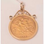 An Edwardian gold half-sovereign in a pendant mount.