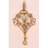 An Edwardian Art Nouveau opal, seed pearl and yellow-metal pendant.