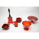 A Sowerby rubine press moulded glass patent dish and stand and other glass
