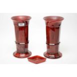 Pair of Davidson red marbled press moulded panel glass vases and a pin tray