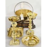 Pair of W&T Avery scales and a selection of brass wares