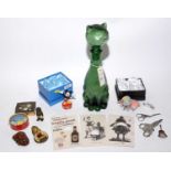 Green press moulded glass decanter and other trinkets