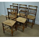Six oak 19th Century rustic rush seated dining chair