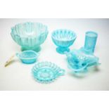 Six pieces of Davidson press moulded blue Pearline glass
