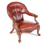 Victorian red leather button back library chair