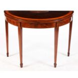 A George III mahogany and satinwood banded demi lune card table