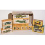 A selection of Airfix HO-00 scale military vehicles and two Corgi Toys