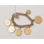 A 9ct gold curb-link charm bracelet, decorated with a collection of gold coin pendants.