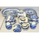 A selection of blue and white ceramics including Copeland Spode