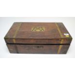 A late Victorian brass bound burr walnut writing box