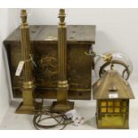 An early 20th Century brass coal box and a selection of lights