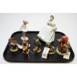 Two Royal Doulton figures and five Hummel figures