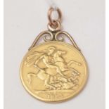 A Victorian 1893 gold double sovereign, in pendant mount.