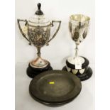 A late Victorian silver plated twin-handled lidded trophy cup and other items