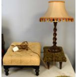 A Victorian table lamp and two footstools