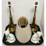 A pair of Laura Ashley brass table lamps and two cat figures