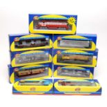 Nine Athearn trains and rolling stock.