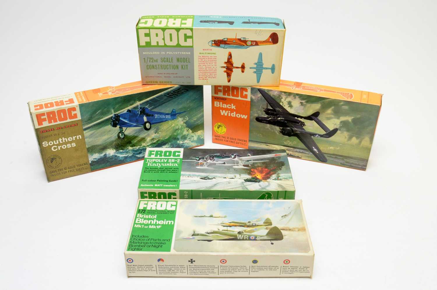 Five boxed Frog model construction kits.