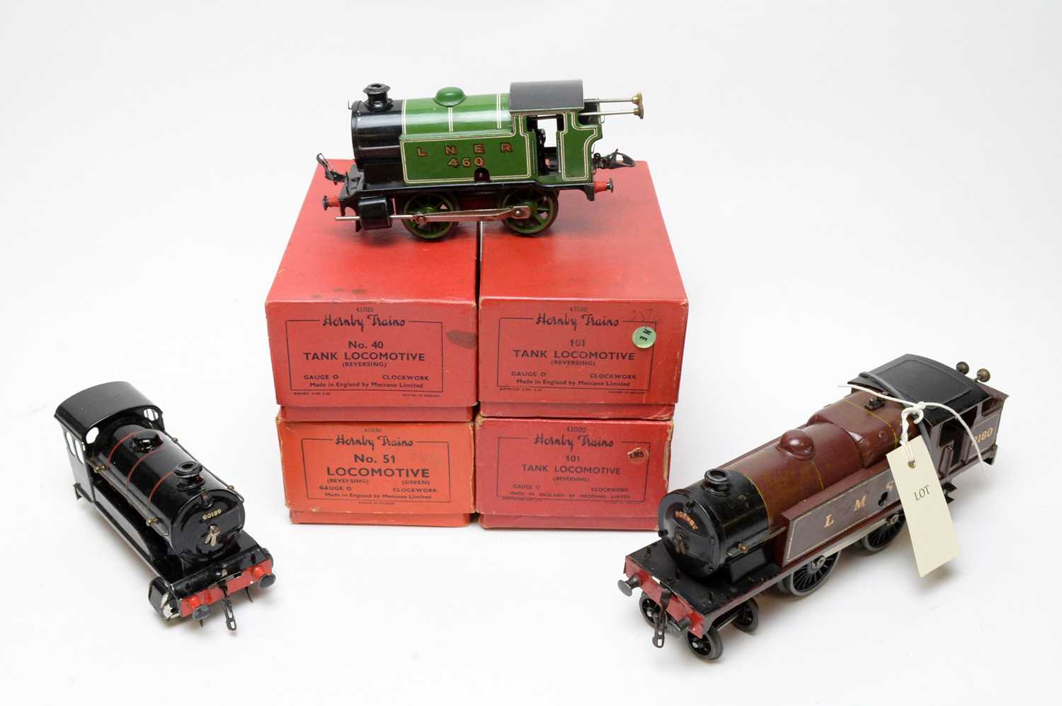 Boxed and unboxed Hornby 0-gauge locomotives.