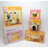 1970's Sindy and other boxed living room and kitchen furniture.