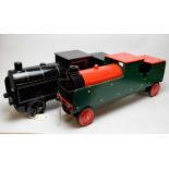 Two scratch-built wooden locomotives on wheels.