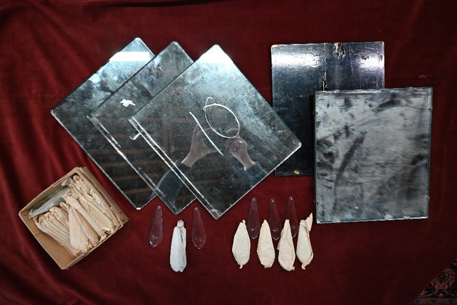 A quantity of vintage mirror plates of Finnish origin, 32 cm x 28 cm and a box of crystal chandelier